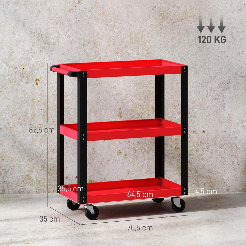 HOMCOM įrankių vežimėlis su 3 lentynomis, metaliniu rėmu, 120 kg keliamąja galia, ratukais, rankena, raudonas