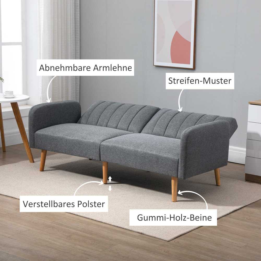 HOMCOM sofa-lova, dvivietė, su miegojimo funkcija, lino išvaizdos poliesteris, gumamedis, pilka, 173x75x73 cm