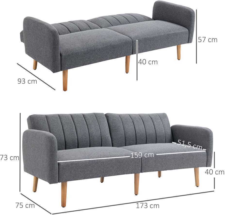 HOMCOM sofa-lova, dvivietė, su miegojimo funkcija, lino išvaizdos poliesteris, gumamedis, pilka, 173x75x73 cm