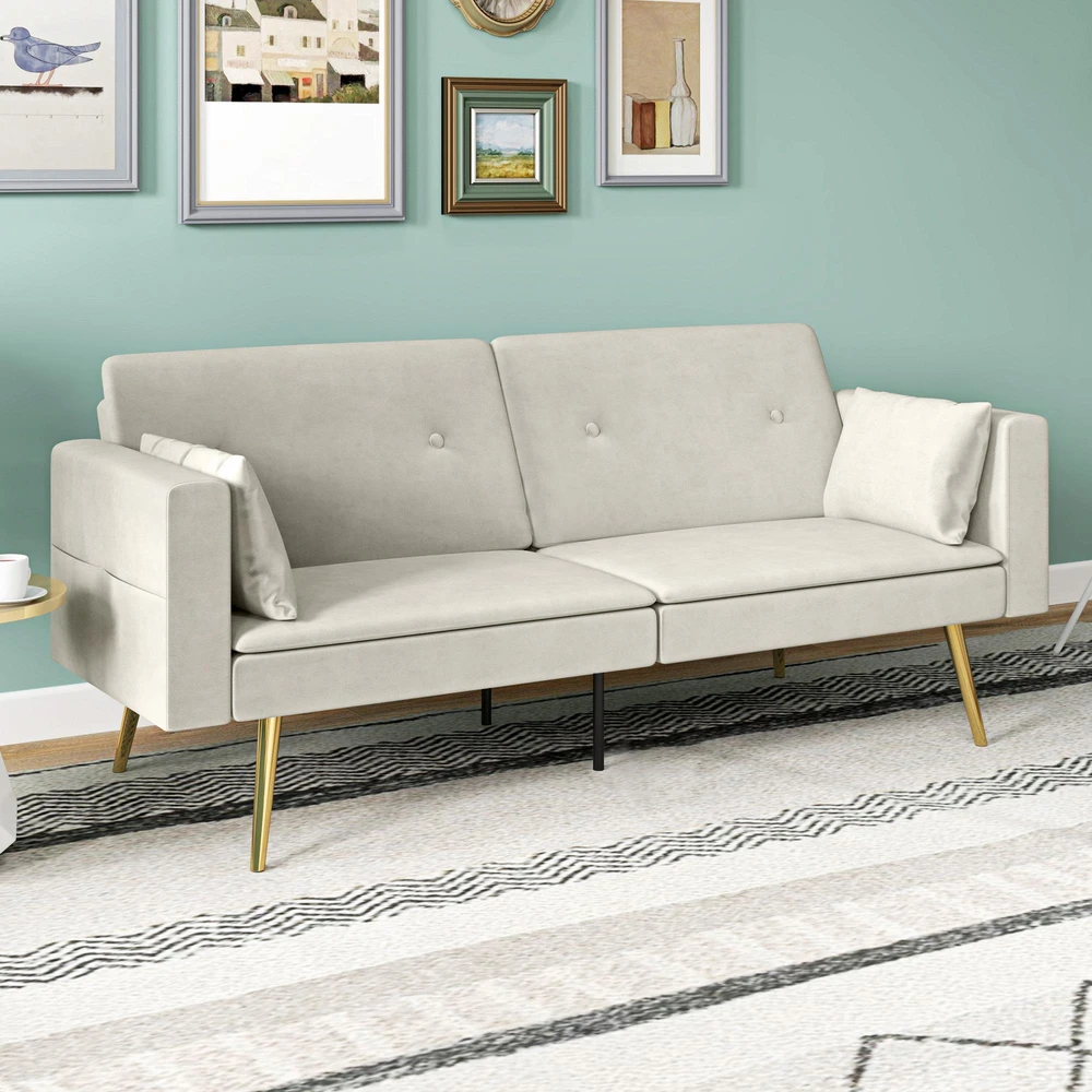 HOMCOM išskleidžiama sofa, miegamoji sofa su reguliuojamu atlošu, šonine kišene, paminkštinta 2 vietų sofa su miegamąja funkcija, pagalvėmis, svetainei, miegamajam, smėlio spalvos