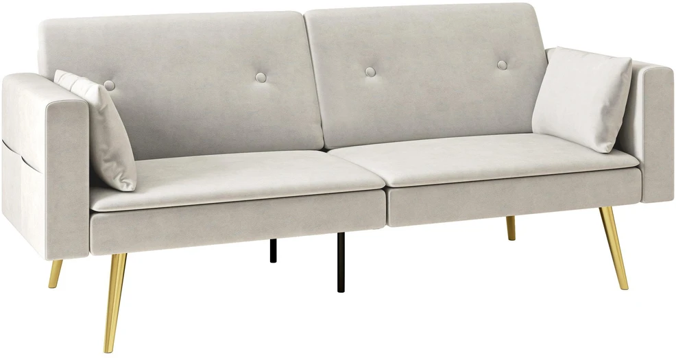 HOMCOM išskleidžiama sofa, miegamoji sofa su reguliuojamu atlošu, šonine kišene, paminkštinta 2 vietų sofa su miegamąja funkcija, pagalvėmis, svetainei, miegamajam, smėlio spalvos