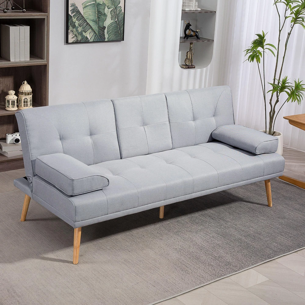 HOMCOM išskleidžiama sofa, patogi sofa-lova, 3 vietų, sofos lova, linas, šviesiai pilka, 181x77x72 cm