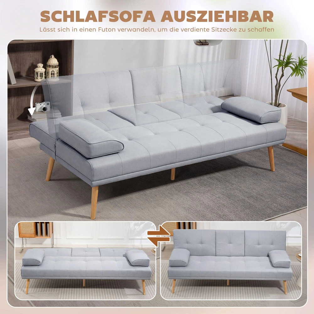 HOMCOM išskleidžiama sofa, patogi sofa-lova, 3 vietų, sofos lova, linas, šviesiai pilka, 181x77x72 cm