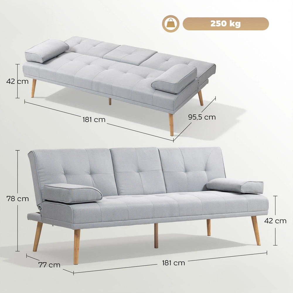 HOMCOM išskleidžiama sofa, patogi sofa-lova, 3 vietų, sofos lova, linas, šviesiai pilka, 181x77x72 cm