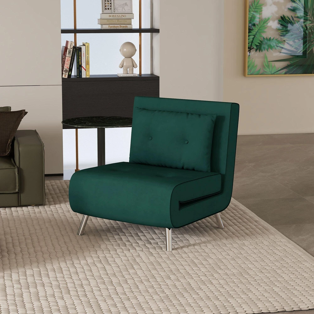 HOMCOM išskleidžiamas fotelis, fotelis-lova, vienvietė sofa su pagalve, svečių lova, minkšta sofa aksomo imitacijos, tamsiai žalia, 77 x 88 x 83 cm