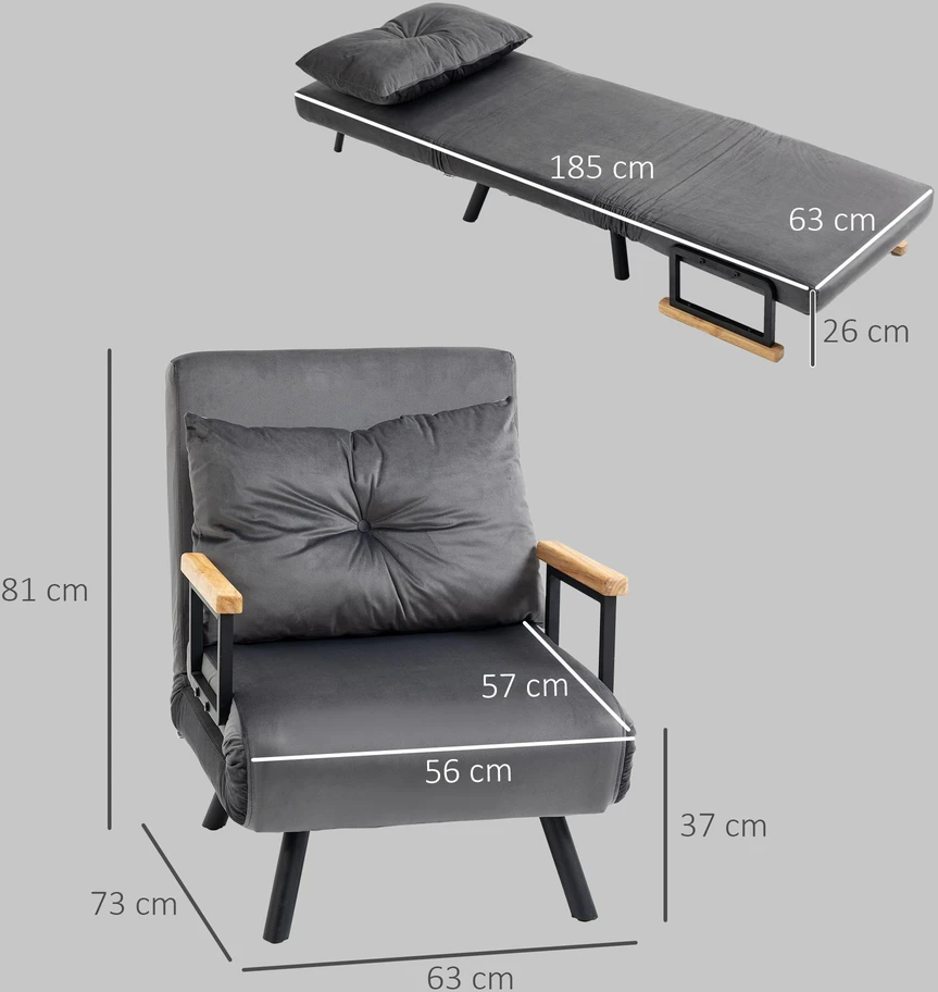HOMCOM išskleidžiamas fotelis, viengubas sofa-lova su miegamąja funkcija, reguliuojamas poilsio fotelis, aksominė išvaizda, tamsiai pilka