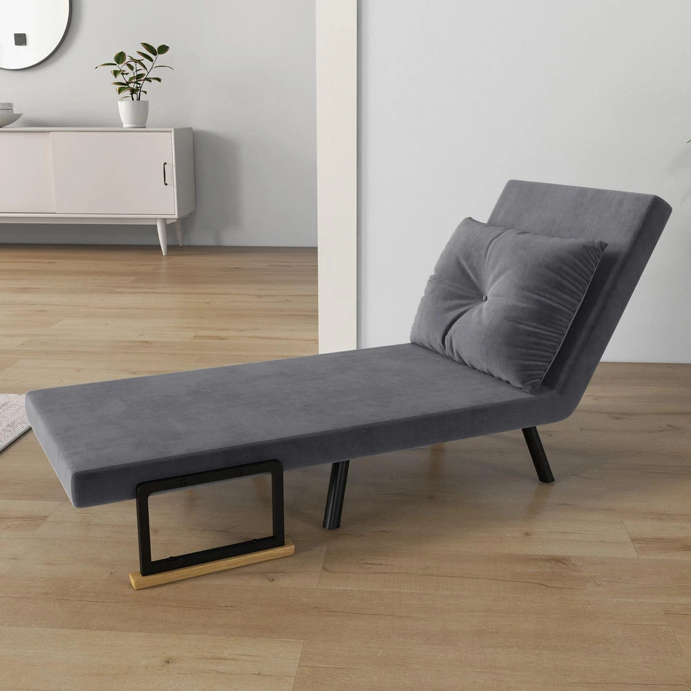 HOMCOM išskleidžiamas fotelis, viengubas sofa-lova su miegamąja funkcija, reguliuojamas poilsio fotelis, aksominė išvaizda, tamsiai pilka