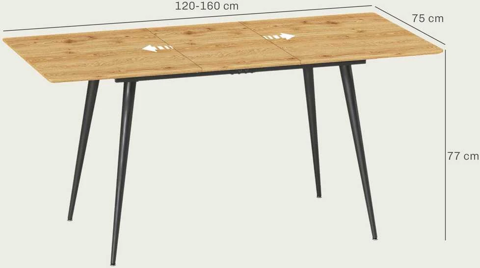 HOMCOM išskleidžiamas valgomojo stalas 120/160 x 75 cm, virtuvinis stalas 6-8 asmenims, modernus valgomojo stalas su plieninėmis kojomis, natūrali spalva