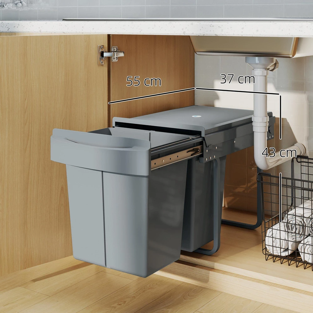 HOMCOM ištraukiama šiukšliadėžė, 2 x 20 l, išimami konteineriai, plastikas, metalas, pilka