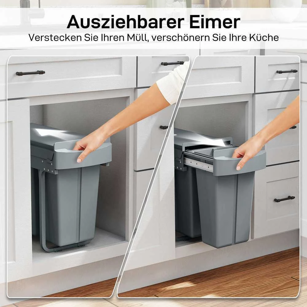 Ištraukiama šiukšliadėžė HOMCOM, virtuvinė šiukšliadėžė su 2 išimamais kibirais, rankena, 30 litrų (20 l + 10 l), metalinė, pilka