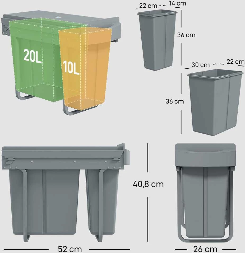 Ištraukiama šiukšliadėžė HOMCOM, virtuvinė šiukšliadėžė su 2 išimamais kibirais, rankena, 30 litrų (20 l + 10 l), metalinė, pilka