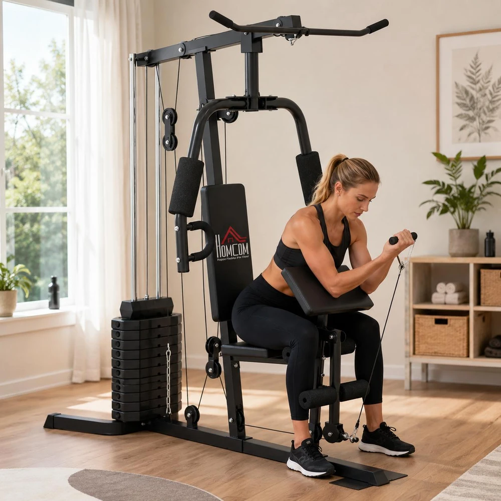 HOMCOM jėgos staklės su latissimus traukimo ir drugelio funkcija, 45 kg svorių rinkinys, plienas, dirbtinė oda, juodos spalvos, 180 x 108 x 200 cm