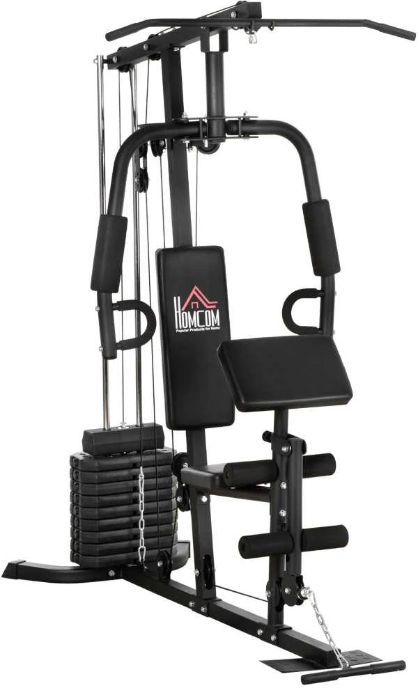 HOMCOM jėgos staklės su latissimus traukimo ir drugelio funkcija, 45 kg svorių rinkinys, plienas, dirbtinė oda, juodos spalvos, 180 x 108 x 200 cm