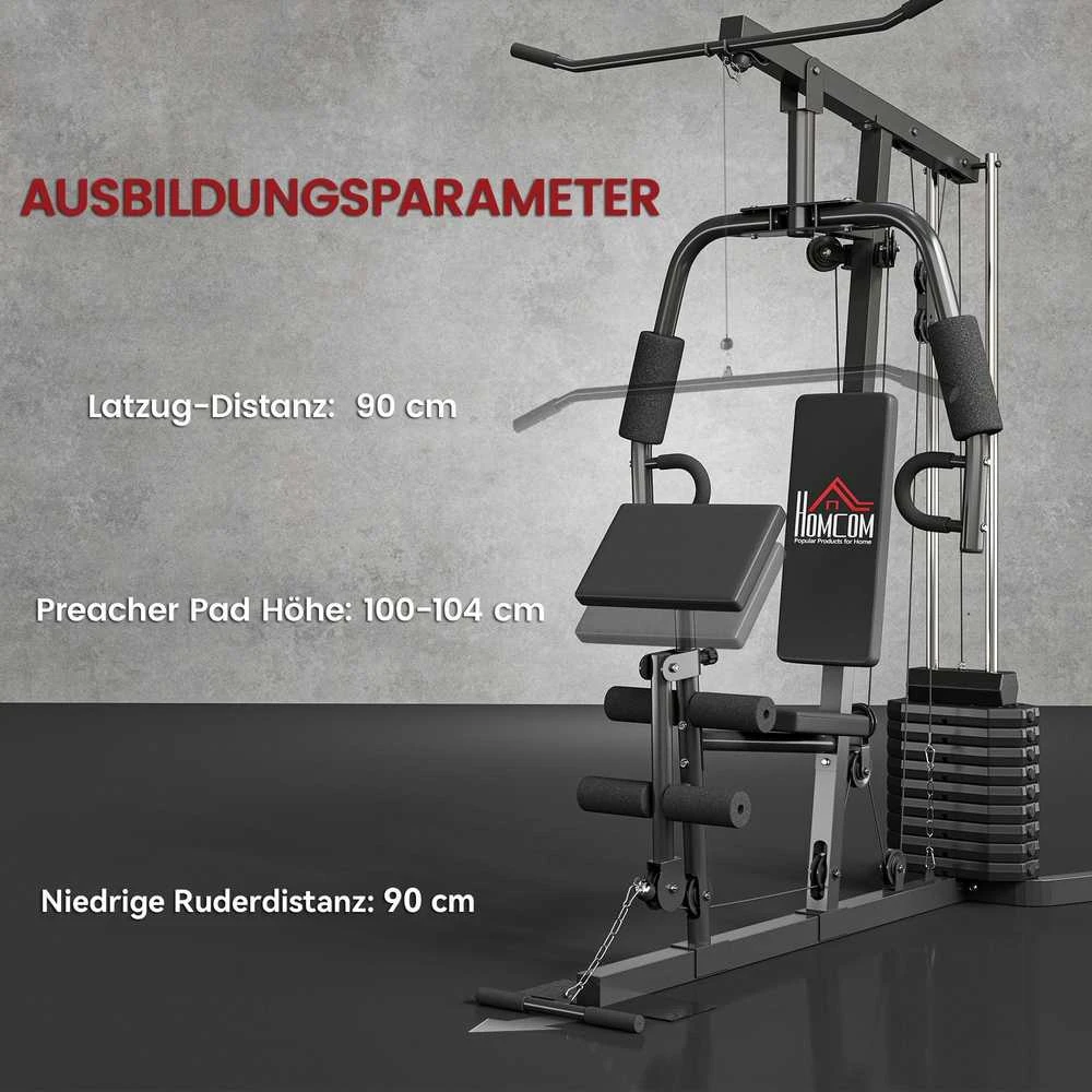 HOMCOM jėgos staklės su latissimus traukimo ir drugelio funkcija, 45 kg svorių rinkinys, plienas, dirbtinė oda, juodos spalvos, 180 x 108 x 200 cm