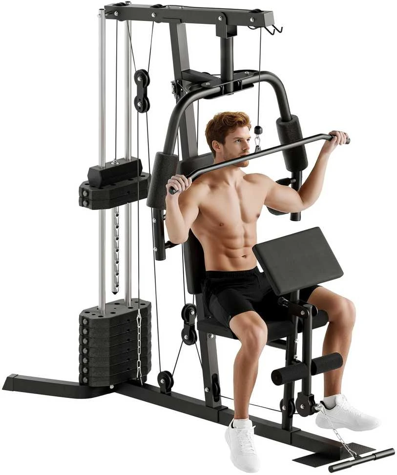 HOMCOM jėgos staklės su latissimus traukimo ir drugelio funkcija, 45 kg svorių rinkinys, plienas, dirbtinė oda, juodos spalvos, 180 x 108 x 200 cm