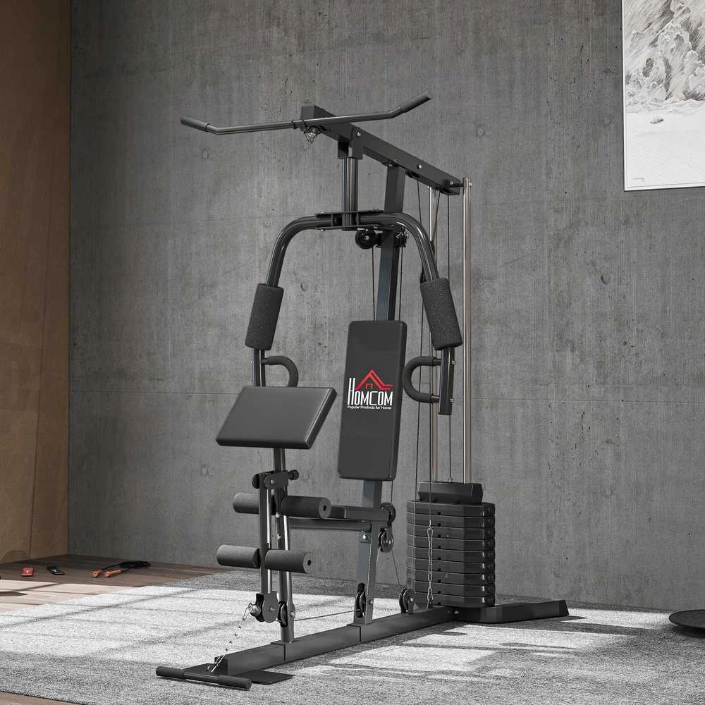 HOMCOM jėgos staklės su latissimus traukimo ir drugelio funkcija, 45 kg svorių rinkinys, plienas, dirbtinė oda, juodos spalvos, 180 x 108 x 200 cm