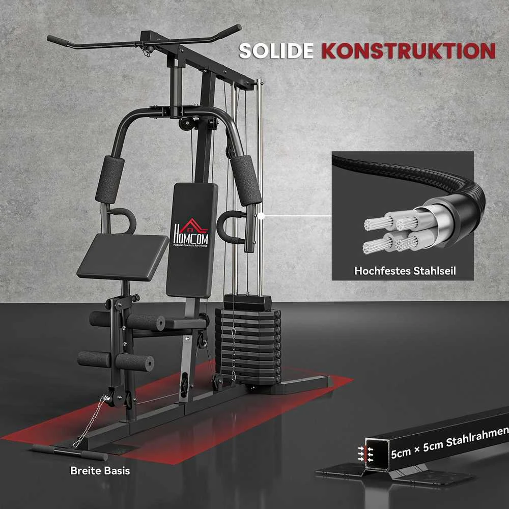 HOMCOM jėgos staklės su latissimus traukimo ir drugelio funkcija, 45 kg svorių rinkinys, plienas, dirbtinė oda, juodos spalvos, 180 x 108 x 200 cm