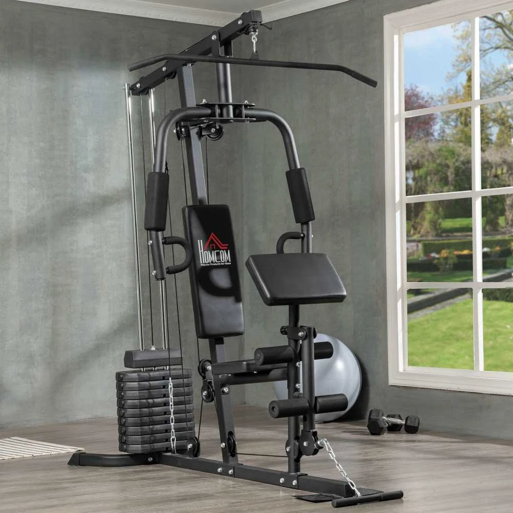 HOMCOM jėgos staklės su latissimus traukimo ir drugelio funkcija, 45 kg svorių rinkinys, plienas, dirbtinė oda, juodos spalvos, 180 x 108 x 200 cm