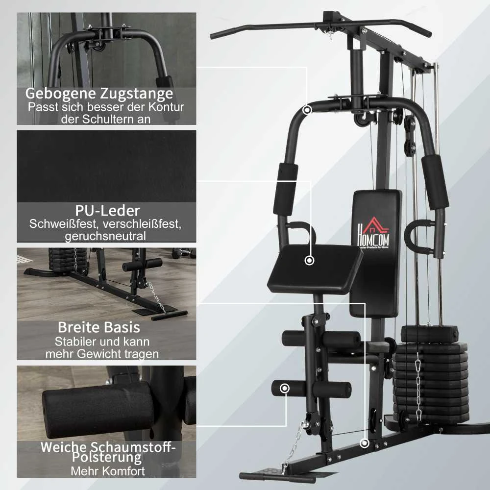 HOMCOM jėgos staklės su latissimus traukimo ir drugelio funkcija, 45 kg svorių rinkinys, plienas, dirbtinė oda, juodos spalvos, 180 x 108 x 200 cm