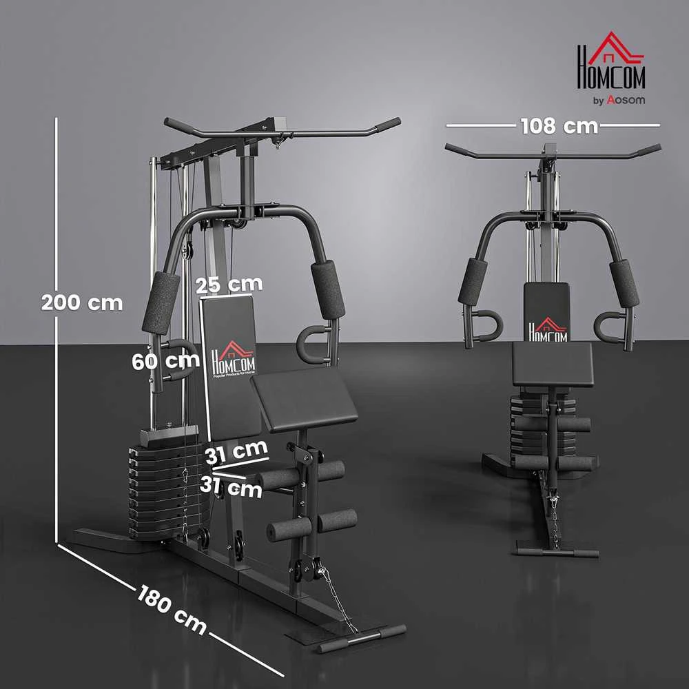 HOMCOM jėgos staklės su latissimus traukimo ir drugelio funkcija, 45 kg svorių rinkinys, plienas, dirbtinė oda, juodos spalvos, 180 x 108 x 200 cm