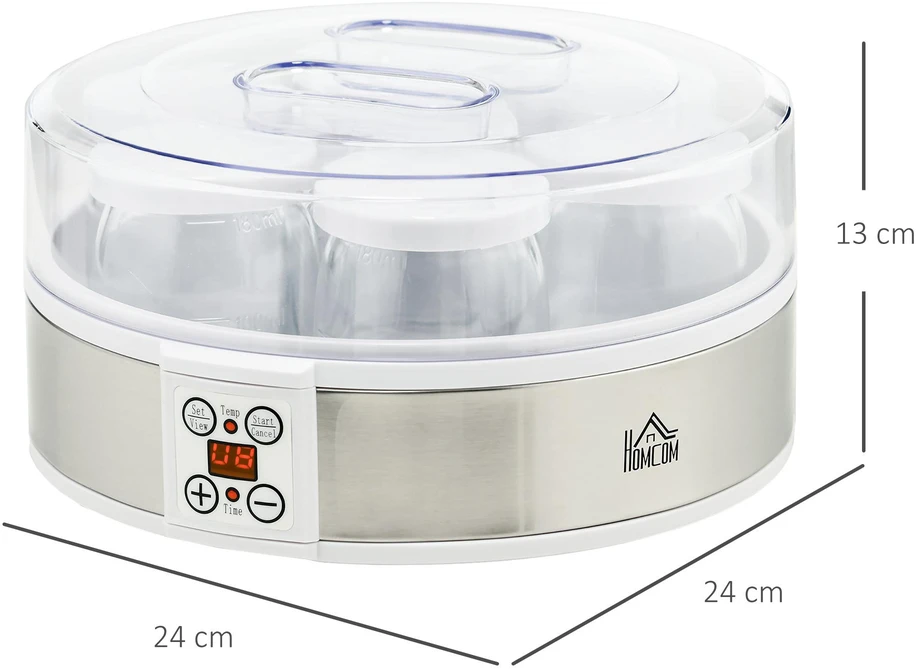 HOMCOM jogurto aparatas su 48 valandų laikmačiu, temperatūros reguliavimu, 7 stikliniais indeliais po 180 ml, automatiniu išsijungimu, 20 W, baltas