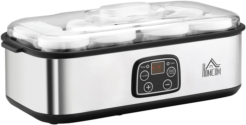 HOMCOM jogurto gaminimo aparatas, 25 W, LCD ekranas, 8 stikliniai indeliai su dangteliais, 180 ml, reguliuojama temperatūra, PC ir PP plastikas
