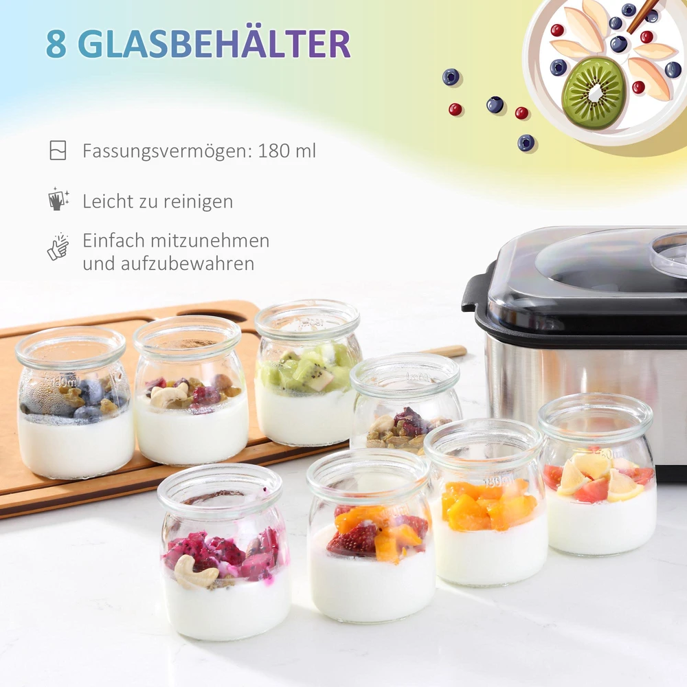 HOMCOM jogurto gaminimo aparatas, 25 W, LCD ekranas, 8 stikliniai indeliai su dangteliais, 180 ml, reguliuojama temperatūra, PC ir PP plastikas