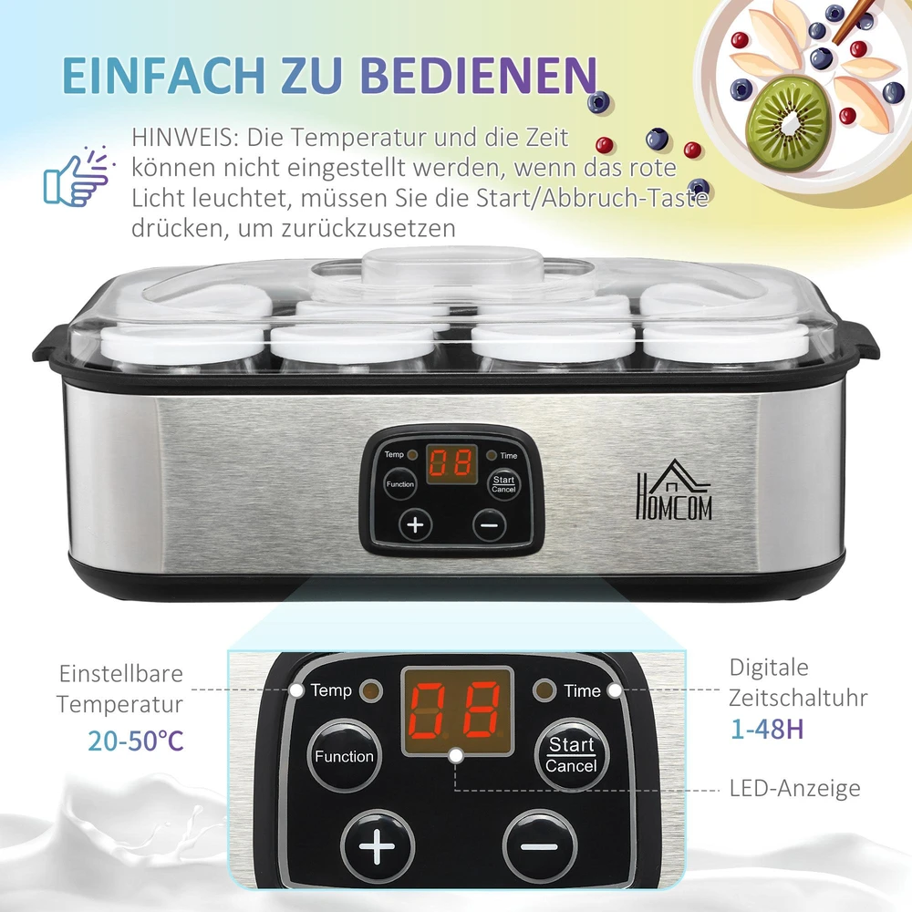 HOMCOM jogurto gaminimo aparatas, 25 W, LCD ekranas, 8 stikliniai indeliai su dangteliais, 180 ml, reguliuojama temperatūra, PC ir PP plastikas