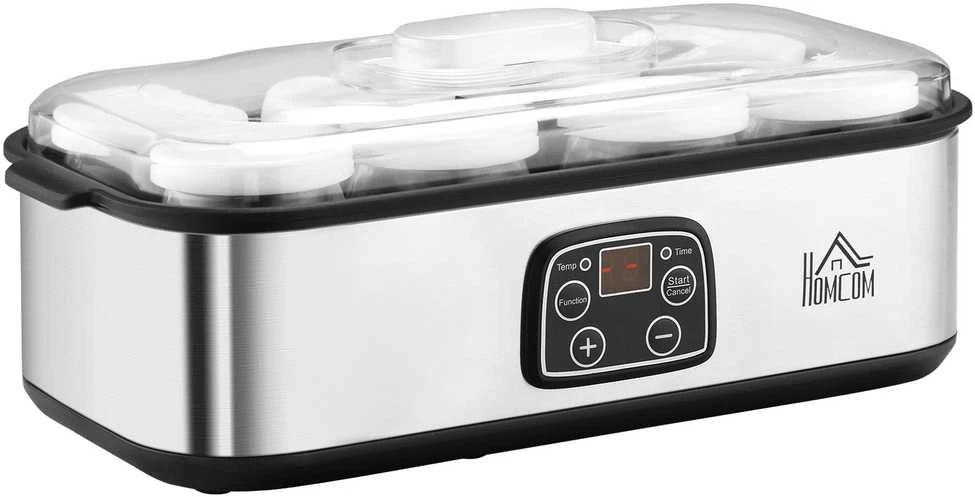 HOMCOM jogurto gaminimo aparatas, 25 W, LCD ekranas, 8 stikliniai indeliai su dangteliais, 180 ml, reguliuojama temperatūra, PC ir PP plastikas
