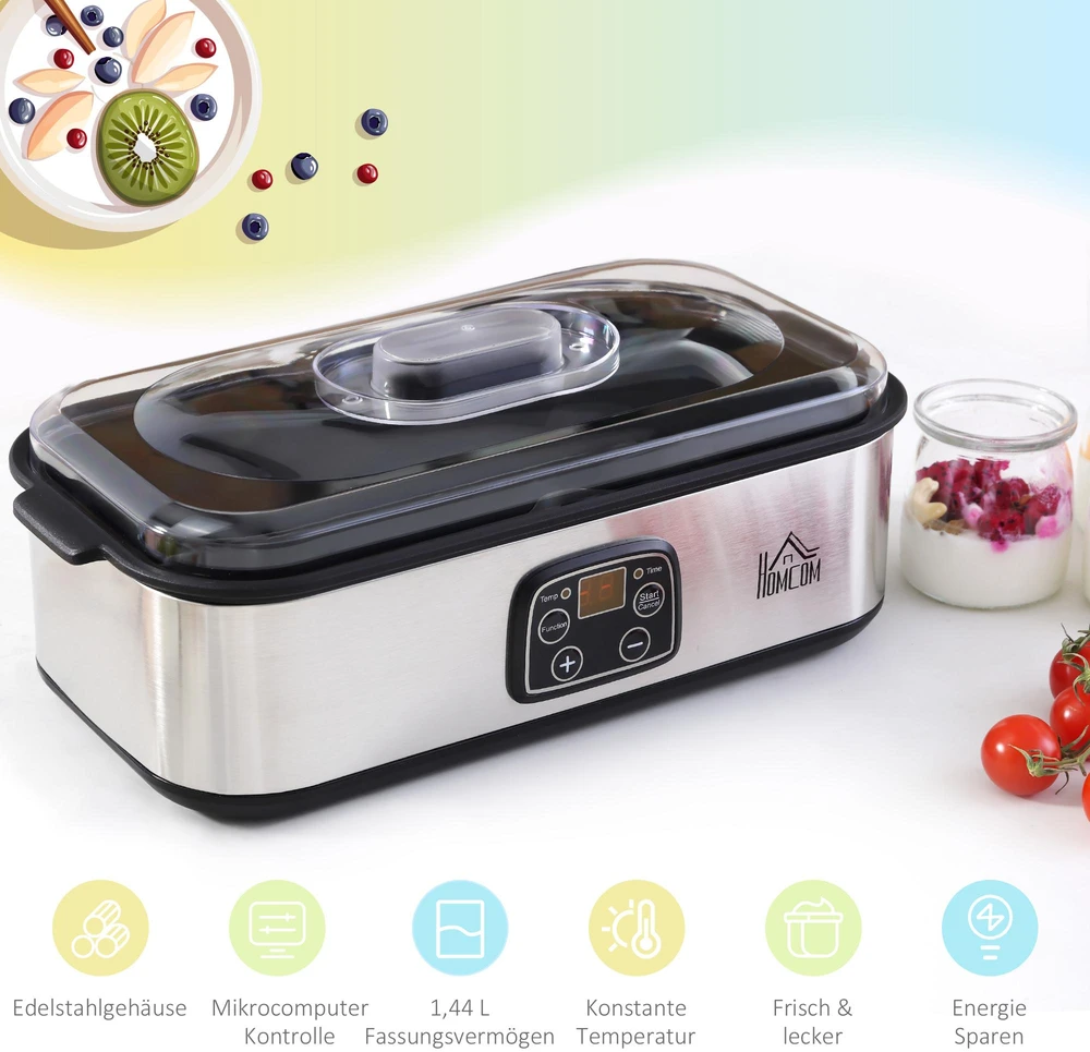 HOMCOM jogurto gaminimo aparatas, 25 W, LCD ekranas, 8 stikliniai indeliai su dangteliais, 180 ml, reguliuojama temperatūra, PC ir PP plastikas