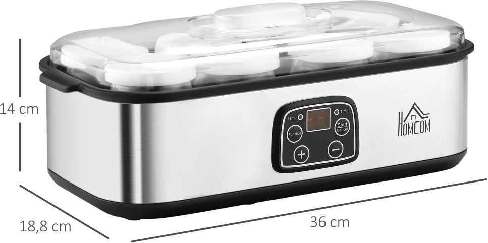 HOMCOM jogurto gaminimo aparatas, 25 W, LCD ekranas, 8 stikliniai indeliai su dangteliais, 180 ml, reguliuojama temperatūra, PC ir PP plastikas