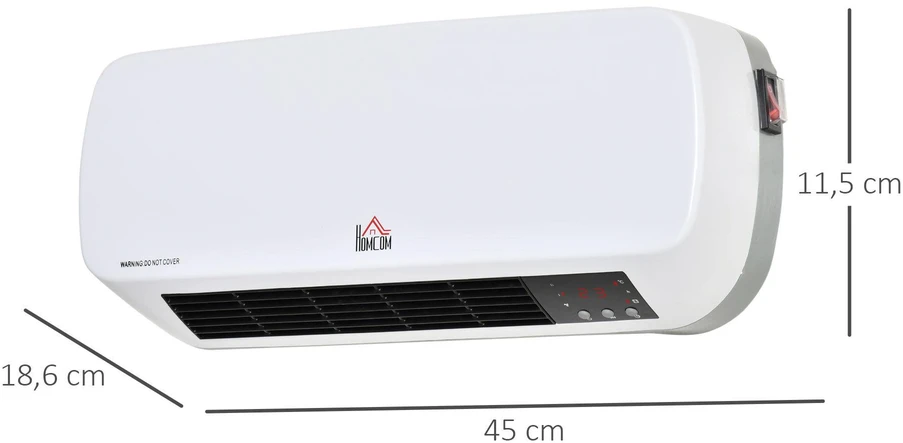 HOMCOM Kaitlentų ventiliatorius, skirtas tvirtinti ant sienos, 2000W su nuotolinio valdymo pultu, 2 šildymo režimai, LED ekranas, 12 valandų laikmatis vonios kambariui