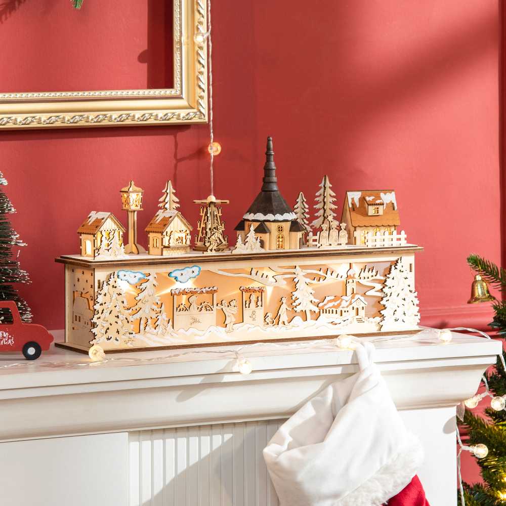 Homcom Kalėdinė dekoracija Snieguotas kalėdinis kaimas su 10 šviesos diodų 45 x 10 x 25 cm