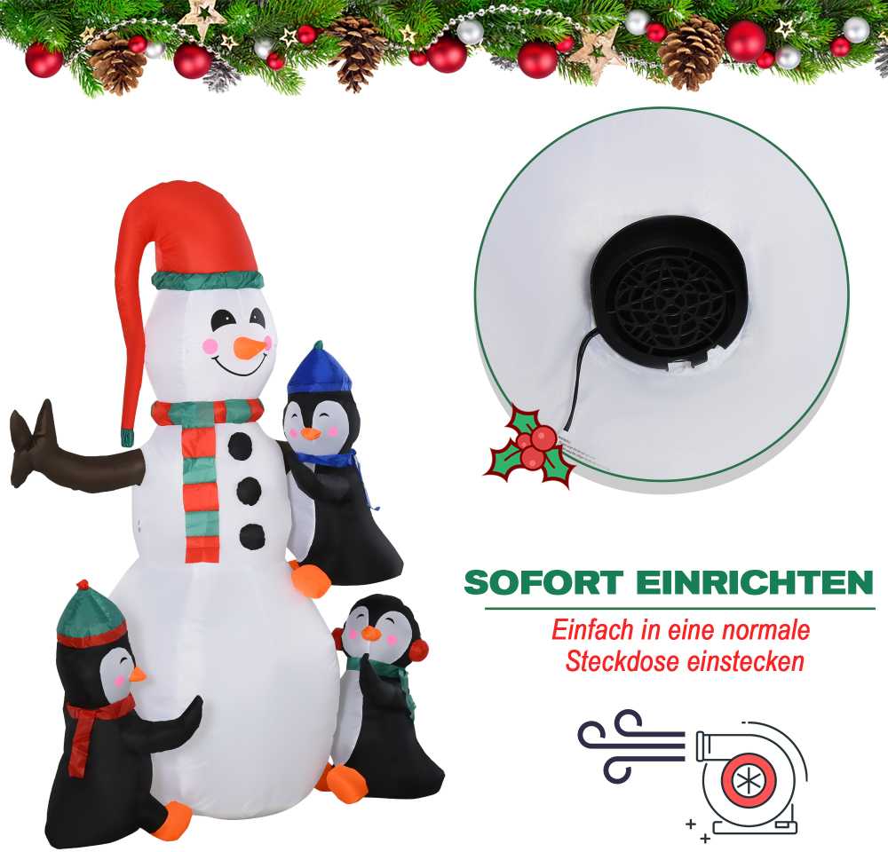 Homcom Pripučiamas sniego senis su 3 pingvinais ir LED apšvietimu, įvairiaspalvis, 140 × 70 × 180 cm