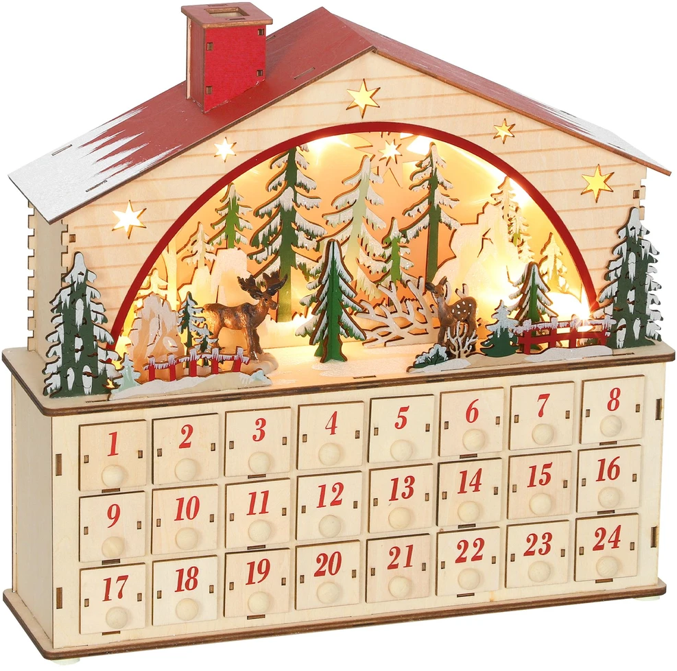 HOMCOM Adventų kalendorius pildomas, 24 stalčiai, kalėdinis kalendorius su LED lemputėmis, natūrali mediena, 36 x 10 x 34 cm