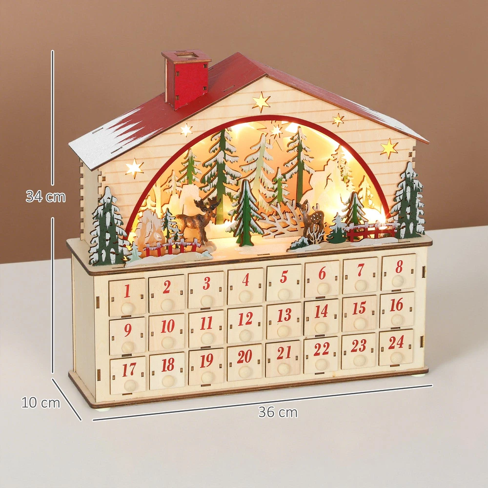 HOMCOM Adventų kalendorius pildomas, 24 stalčiai, kalėdinis kalendorius su LED lemputėmis, natūrali mediena, 36 x 10 x 34 cm
