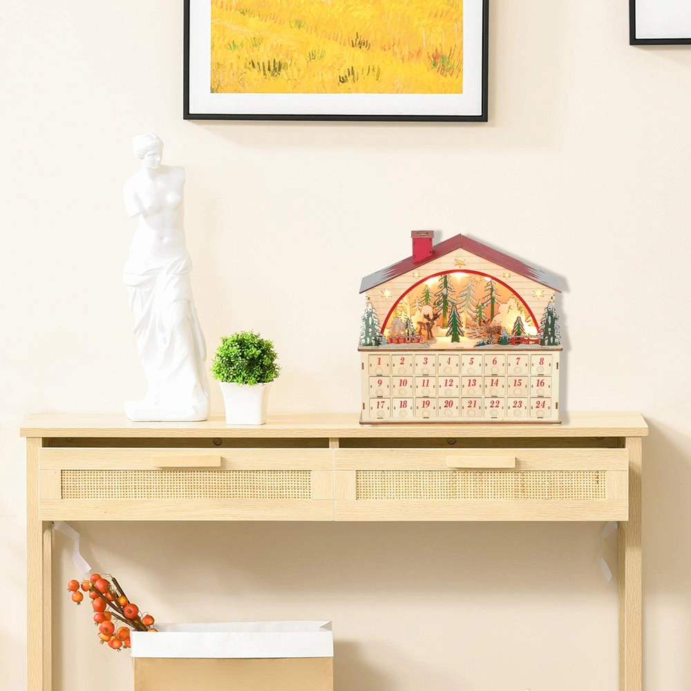 HOMCOM Adventų kalendorius pildomas, 24 stalčiai, kalėdinis kalendorius su LED lemputėmis, natūrali mediena, 36 x 10 x 34 cm
