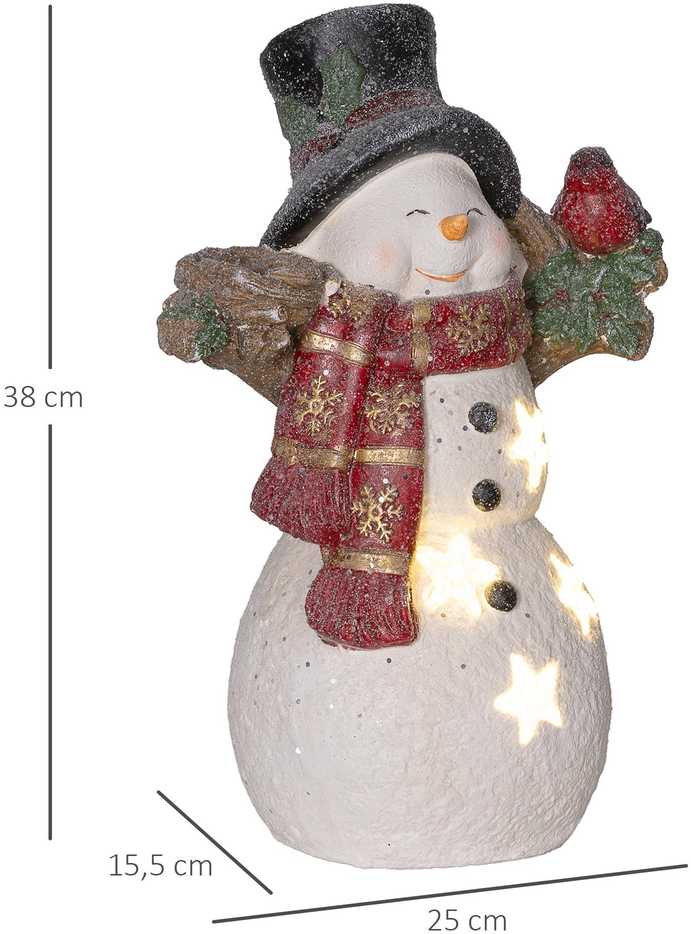Kalėdinė sniego senio figūrėlė su paukščiu ir 4 šiltai baltomis LED lemputėmis, įvairiaspalvė, 25 × 15,5 × 38 cm