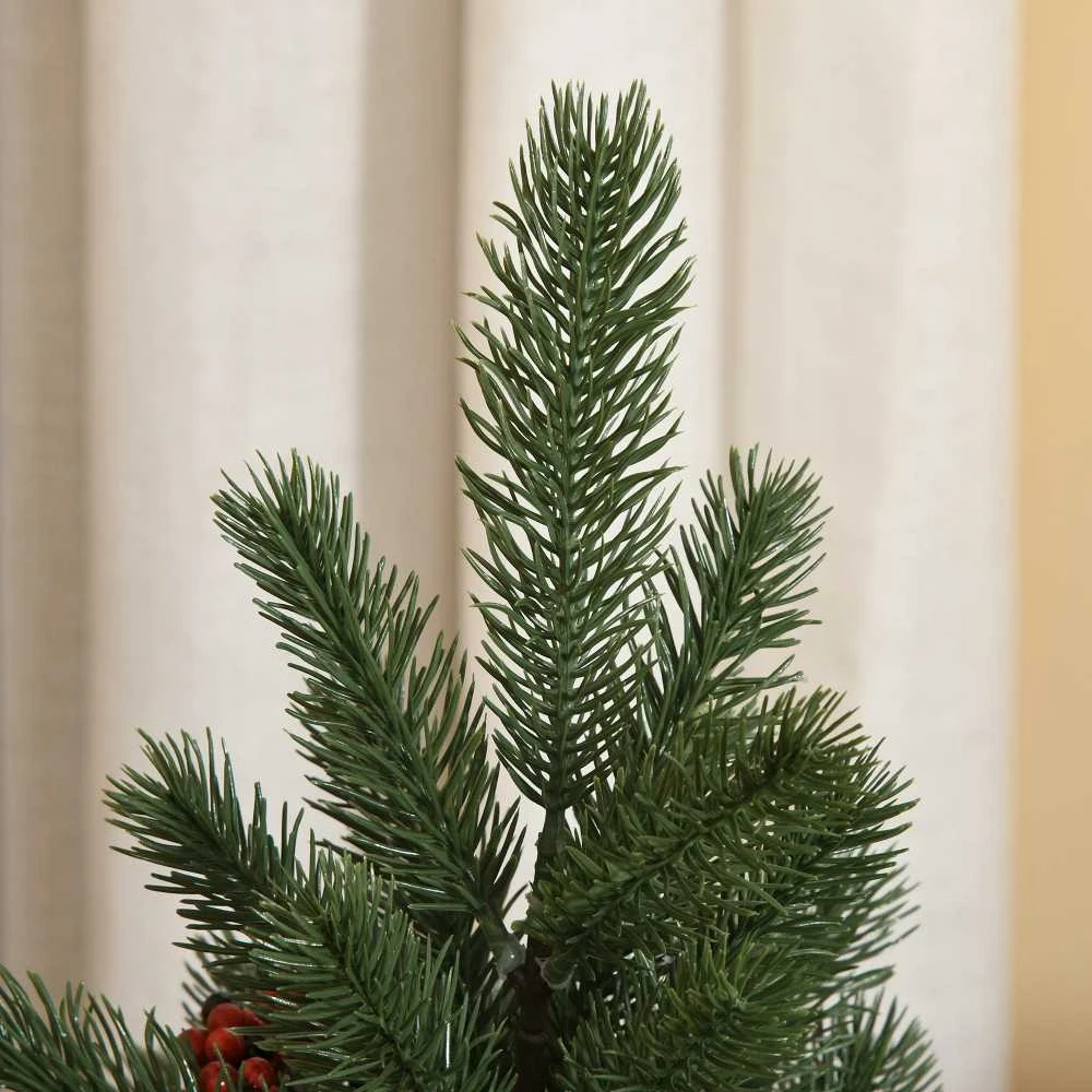 Dirbtinė Kalėdų eglutė HOMCOM, 50 cm, su 4 raudonomis uogomis ir 4 kankorėžiais, 55 šakelės, stabilus ir patvarus pagrindas, PE, cementas, džiutas, Ø28 x 50 cm