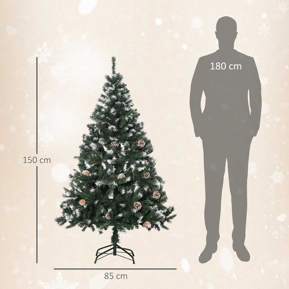 HOMCOM dirbtinė kalėdinė eglutė, 676 šakelės, 41 kankorėžis, snieguotos viršūnės, atspari ugniai, 150 cm