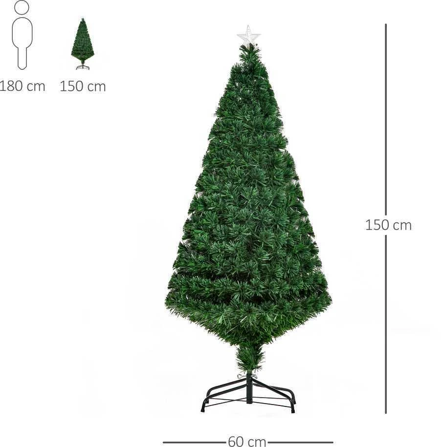 Dirbtinė Kalėdų eglutė HOMCOM, šviečianti LED šviesolaidžiais, su metaliniu stovu, keičianti spalvas, žalia, 150 cm