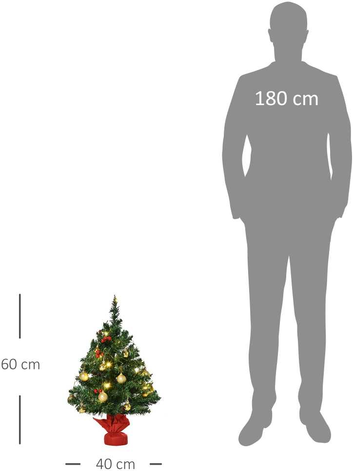 HOMCOM maža Kalėdų eglutė, mini eglutė su bugienio uogomis, žaisliukais ir LED lemputėmis stalui, žalia PVC ∅40 x 60 cm