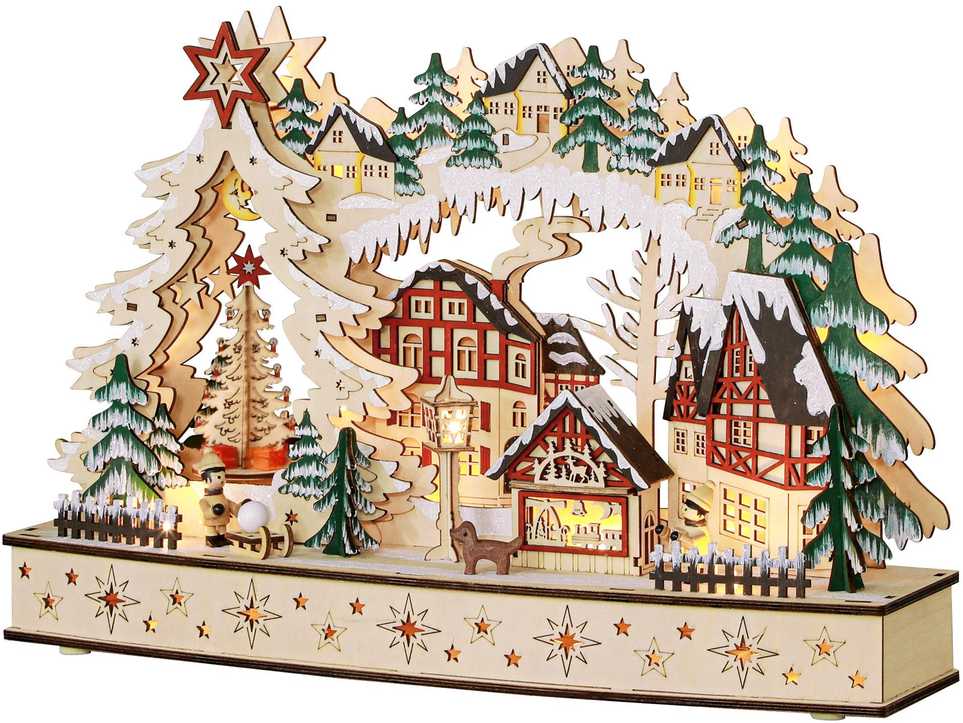 Kalėdinis kaimelis su 20 LED lempučių, natūralaus medžio spalvos, 45 × 12 × 30 cm