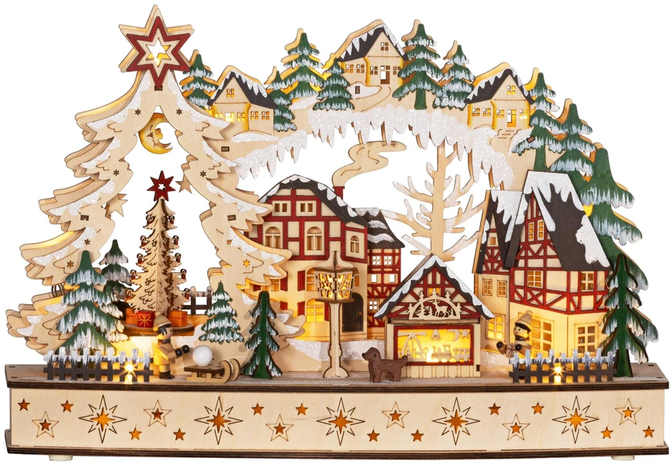 Kalėdinis kaimelis su 20 LED lempučių, natūralaus medžio spalvos, 45 × 12 × 30 cm