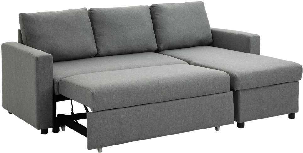 HOMCOM kampinė sofa lova su daiktadėže, šezlongu, L-formos, lino išvaizdos audinys, šviesiai pilka, 211,5 x 146 x 85 cm