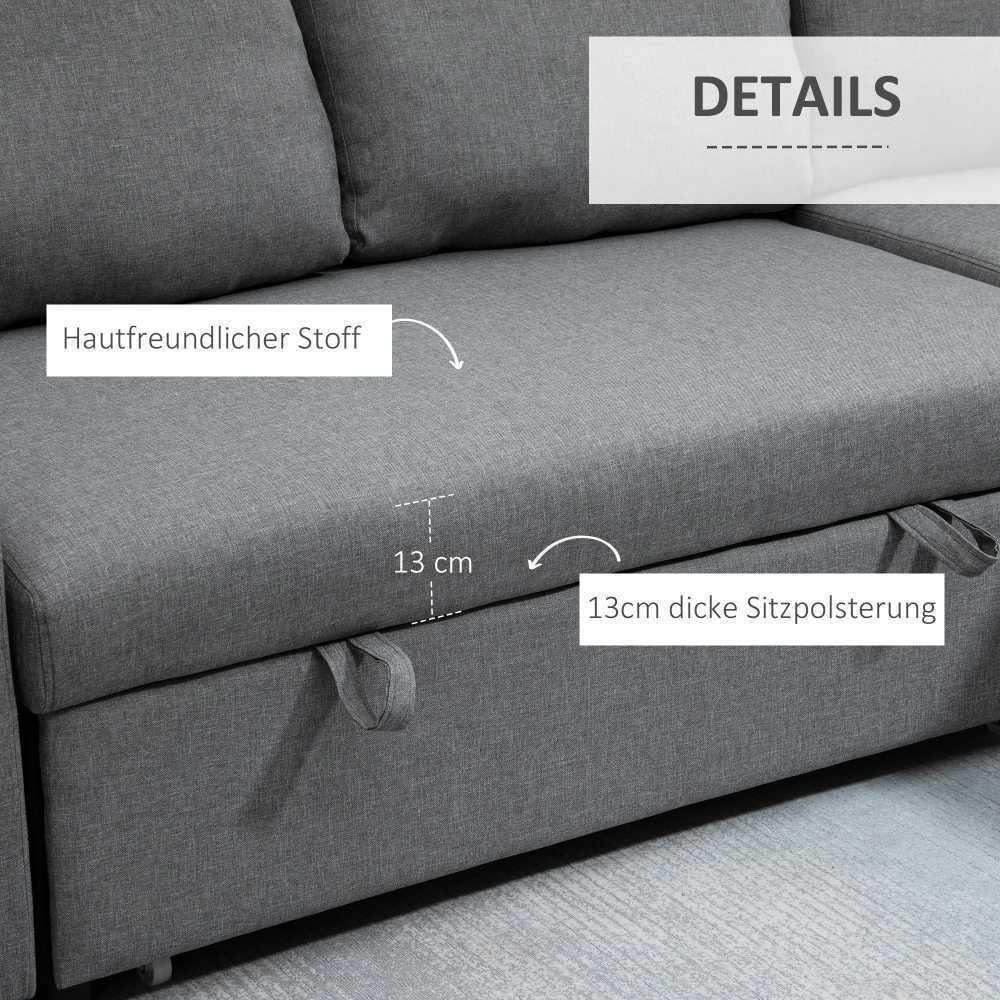 HOMCOM kampinė sofa lova su daiktadėže, šezlongu, L-formos, lino išvaizdos audinys, šviesiai pilka, 211,5 x 146 x 85 cm