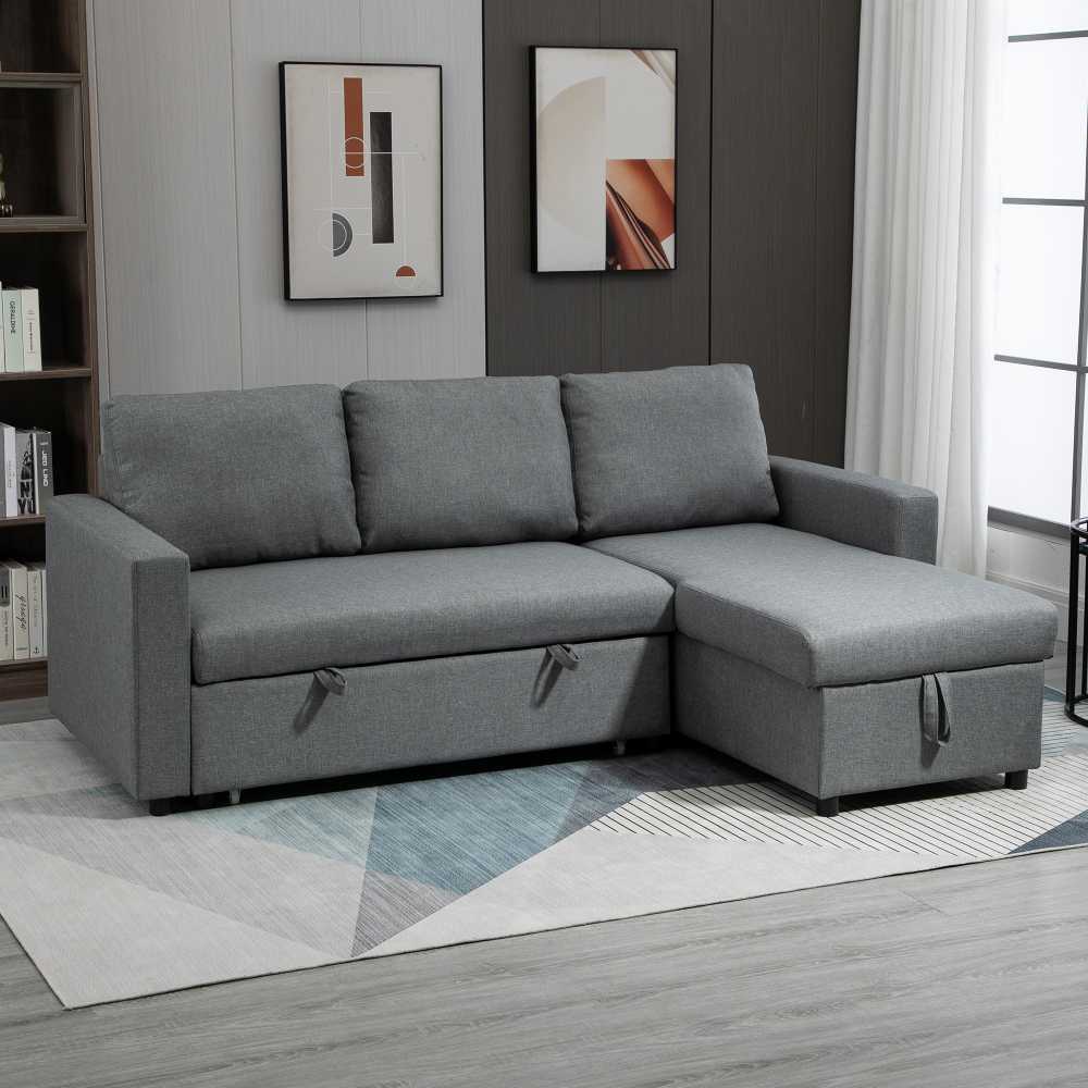 HOMCOM kampinė sofa lova su daiktadėže, šezlongu, L-formos, lino išvaizdos audinys, šviesiai pilka, 211,5 x 146 x 85 cm