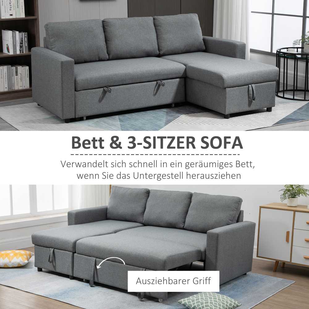 HOMCOM kampinė sofa lova su daiktadėže, šezlongu, L-formos, lino išvaizdos audinys, šviesiai pilka, 211,5 x 146 x 85 cm