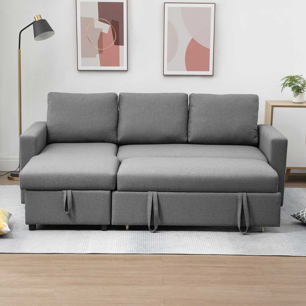 HOMCOM kampinė sofa lova su daiktadėže, šezlongu, L-formos, lino išvaizdos audinys, šviesiai pilka, 211,5 x 146 x 85 cm