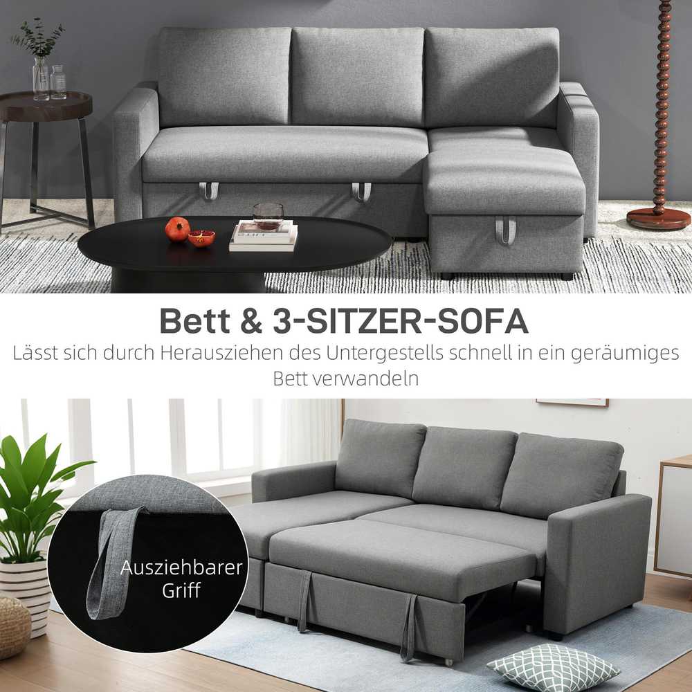 HOMCOM kampinė sofa lova su daiktadėže, šezlongu, L-formos, lino išvaizdos audinys, šviesiai pilka, 211,5 x 146 x 85 cm